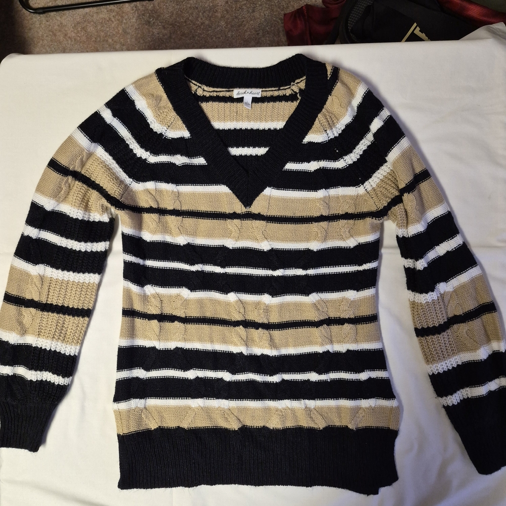 Derek Heart Womens Large Striped Cable Knit V-Neck Pullover Sweater Black Tan